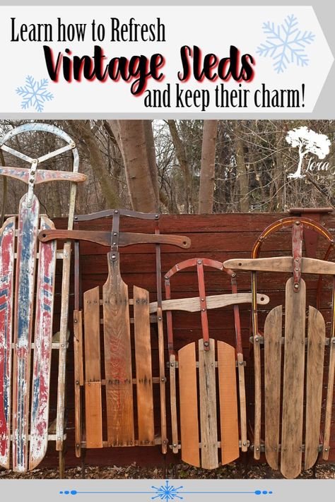 Expert tips for how to refresh vintage runner sleds so you can use them for your wintertime home decor. Old Sled Decor, Decorating With Sleds For Christmas, Decorate Old Sled For Christmas, Decorate Sled For Christmas Porch Ideas, Vintage Sled Porch Decor, Old Sled Christmas Decor Porch Ideas, Decorating Sleds For Christmas Porch Ideas, Porch Sled Decoration, Christmas Decorations Using Old Sleds