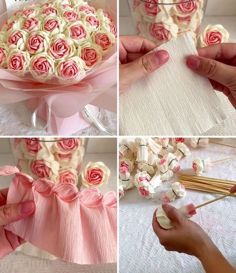 Easy Crepe Paper Flower Craft | flower, crêpe paper, bouquet, craft | DIY Crepe Paper Flowers Bouquet | By Quilling Made Easy | Everyone, welcome to our Facebook page. In this video we are going to make this beautiful rose flower. We are going to use two different colour of creep paper here. You can also make it using tissue paper. First we are folding this white creep paper. So hold it from one portion and start twisting it like we are doing here. If you don't have creep paper you can also make Crepe Paper Flowers Bouquet, Paper Bouquet Diy, Paper Flower Bouquet Diy, Paper Flowers Bouquet, Crepe Paper Crafts, Crepe Paper Flowers Diy, Crepe Paper Flower, Crepe Paper Roses, Flower Bouquet Diy