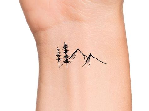 Tree With Mountain Tattoo, 3 Pine Tree Tattoo, Fine Line Pine Tree Tattoo, Tree Mountain Tattoo, Mountain Tree Tattoo, Small Pine Tree Tattoo, Rocky Mountain Tattoo, Pacific Northwest Tattoo, Amy Tattoo