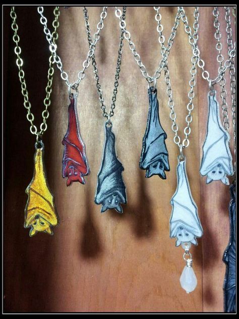 Hanging Fruit Bat Pendants - Eyescream Gothic Jewelry Originals Handmade Edgy Halloween Jewelry, Shrinky Dink, Quirky Handmade Halloween Jewelry, Shrinky Dink Ideas, Bat Jewelry Diy, Alternative Halloween Necklaces, Shrinky Dink Necklace, Diy Shrink Plastic Jewelry, Shrinky Dink Art