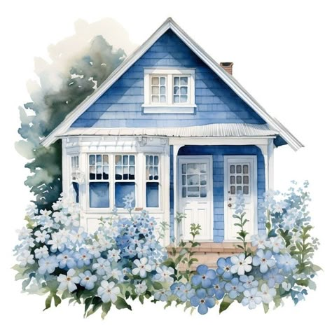 Blue Yellow Room, Pictures Of Houses, Small House Inspiration, Houses Clipart, Watercolor Houses, Journal Planner Ideas, Rustic Houses, House Clipart, Blue Cottage