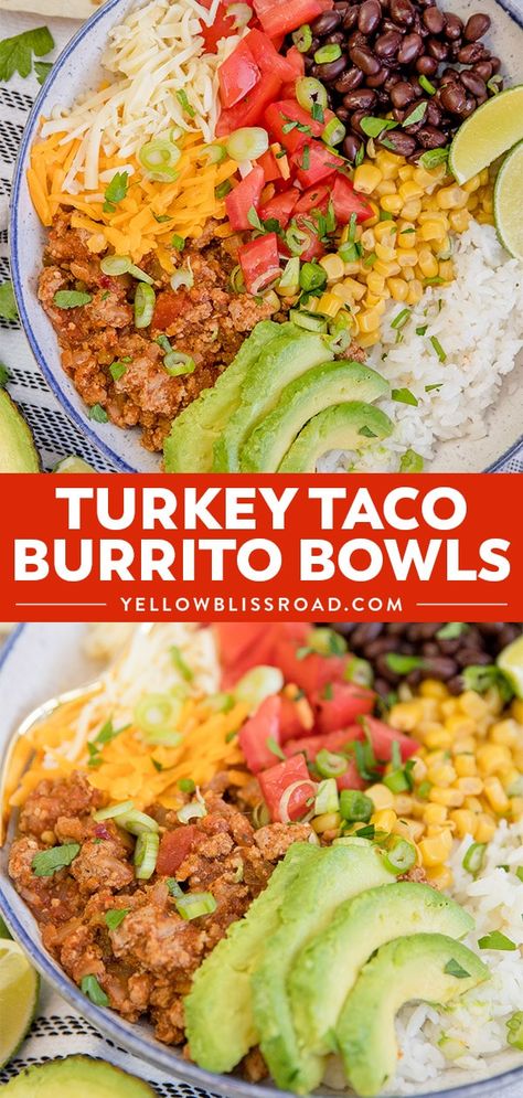 Taco Burrito Bowl, Ground Turkey Taco Meat, Ground Turkey Taco Salad, Turkey Tacos Recipes, Turkey Recipes Healthy, Taco Burrito, Healthy Turkey Recipes, Rice Black Beans, Ground Turkey Tacos