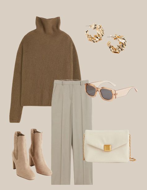 Flat lays of womens fall outfit. Sweater weather. Women’s sweater outfit. Casual work outfit with brown turtleneck sweater, brown trousers, nude boots, gold jewelry, white bag. Work Outfit Fall, Sweater Weather Outfits, Nude Bags, Neutral Sweater, Brown Turtleneck Sweater, Workout Fits Women, Nude Boots, Stylish Petite, Turtleneck Outfit