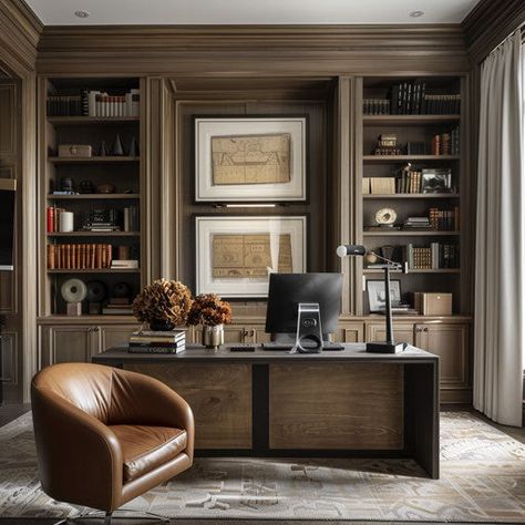 Detail: Business HD Pictures Work From Home Office With Shelving, Bourbon Room Office, Brown And White Office, Study Room Layout, Home Office Built In Cabinets, Office And Library Combo, Male Office Ideas, Modern Library Design, Traditional Office Design