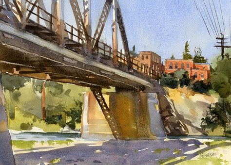 East End of Town by Mike Kowalski Watercolor ~ 7.5 x 10 Mike Kowalski, Andy Evansen, Architectural Painting, Winter Firs, Plein Air Watercolor, Art Emotions, Bridge Painting, Urban Sketches, Water Color Pencil