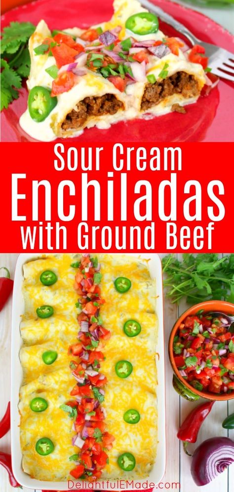 Cheese Enchiladas With Red Sauce, Ground Beef Enchilada Recipe, Best Beef Enchilada Recipe, Sour Cream Enchiladas, Beef Enchilada Recipe, Ground Beef Enchiladas, Seasoned Ground Beef, Enchilada Recipe, Sour Cream Sauce