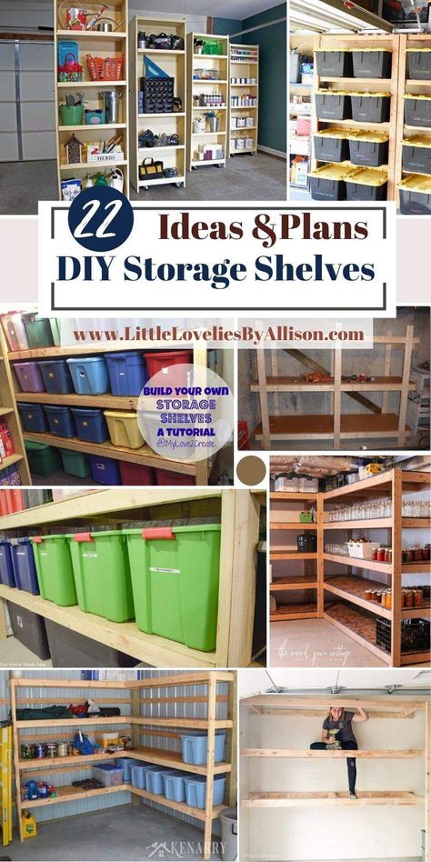 22 DIY Storage Shelves Plans: How To Build A Shelf For Storage Diy Shelving Unit Storage, Storage Box Shelves, How To Build Storage Shelves, Diy Storage Bin Shelves, Tote Storage Shelves Diy, Diy Tote Storage Rack, Plastic Bin Storage Ideas, Tote Storage Ideas, Storage Room Shelving