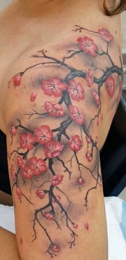 Cherry Blossom Tattoo Arm Half Sleeves, June Tattoo, Skull Tattoo Flowers, Flower Shoulder Tattoo, Tattoos Aesthetic, Sakura Tattoo, Tattoos Inspo, Tattoos For Women Flowers, Tattoos For Women Half Sleeve