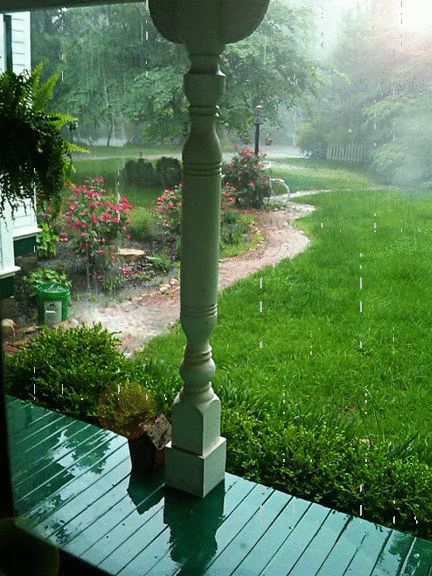 Sitting on your porch enjoying the smell and sound of sprinkling rain on a lovely summer's day. I Love Rain, Love Rain, Summer Rain, When It Rains, Porch Patio, Green Grass, Country Life, Rainy Days, Secret Garden