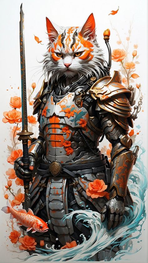 , #powered, #Design, #AD, #AI Samurai Cat Tattoo, Cat Armor, Cat Samurai, Samurai Ninja, Japanese Art Samurai, Beast Creature, Ninja Art, Spirit Animal Art, Wallpaper Cat