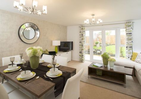 Barratt Homes - Perry Wood Oaks (Worcester) Interior Designed Living / Dining Room.  Barwick house design. Small Lounge Diner, Barratt Homes Interiors, Lounge Diner Ideas, Kitchen Dining Living Room Combo, Small Living Dining Room, Small Living Dining, Lounge Diner, Barratt Homes, Diner Ideas