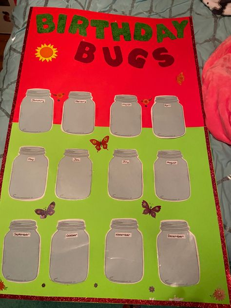 Butterfly Birthday Bulletin Board Ideas, Birthday Bugs Bulletin Board, Spring Birthday Boards Classroom, Bug Theme Preschool Classroom Decor, Bug Bulletin Board Ideas, Infant Birthday Board Ideas, Deco Classroom, Family Bulletin Boards, Birthday Chart Classroom