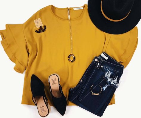 Henry Woven Ruffle Sleeve Blouse-Mustard Mustard Yellow Blouse, Outfits Bonitos, Clothes Combinations, Fall Attire, Unique Clothes For Women, Spring Work Outfits, Luxury Aesthetic, Yellow Blouse, Spring Outfits Women