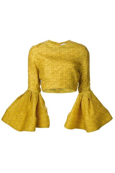 Bell Sleeve Shirt, Yellow Crop Top, Ruffle Sleeve Top, Trendy Fashion Tops, Frill Sleeves, Blouse Design Models, Cropped Tops, Yellow Top, Christian Siriano