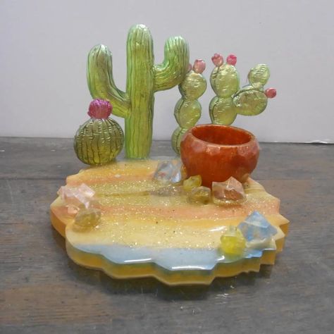 PAINTED DESERT VANITY TRAY! This time I went to the 🏜 and Designed some Cacti out of Polymer Clay then Molded and Cast them in Resin to make this Stunning Painted Desert Vanity Tray. #vanitytray #epoxyresin #polymerclay #micapowders #handmade #oneofakind #painteddesert #desert #cactus #cacti #LynzCraftzdesignz Cactus Clay, Painted Desert, Desert Cactus, Desert Painting, Vanity Tray, Epoxy Resin, Cactus, Polymer Clay, Vanity