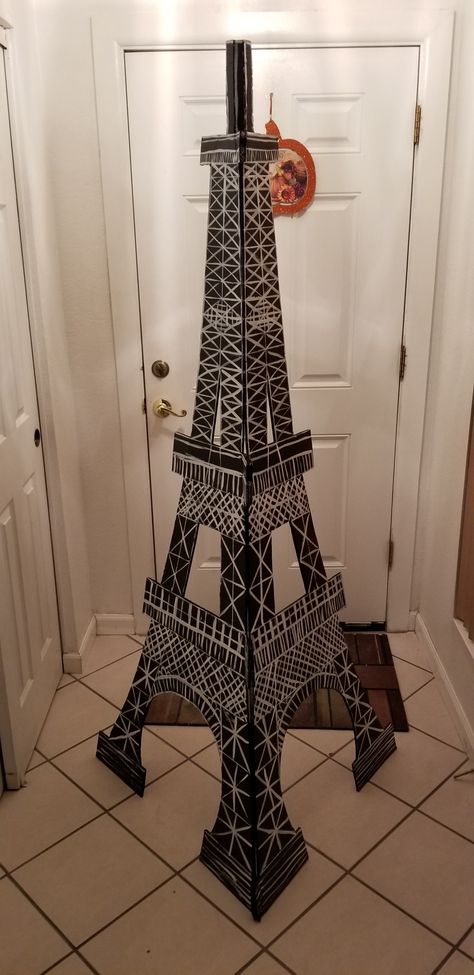 Cardboard Eiffel Tower Diy Eiffel Tower Cardboard Paris Party, Cardboard Eiffel Tower Diy, Eiffel Tower Prop, Eiffel Tower Cutout, Cardboard Eiffel Tower, Diaroma Ideas, Diy Eiffel Tower, Cardboard Relief, French Display