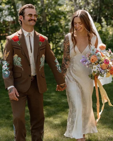 colorful + embroidered wedding suits and groom style: a 2024 wedding trend to watch Non Traditional Wedding Outfit Grooms, Wedding Statement Pieces, Eclectic Groom Attire, Colored Wedding Suits Men, Colored Suit Groom, Unusual Groom Attire, Funky Wedding Suits Men, Unique Men’s Wedding Outfit, Edgy Wedding Suit