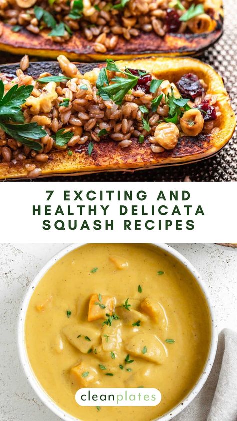 Butternut gets all the love -- but sweet delicata squash is one of our faves. Check out these 7 super-tasty ways to use it (we are all about #4!). Healthy Delicata Squash Recipes, Delicate Squash Soup, Delicato Squash, Delicata Recipes, Delicate Squash Recipes, Squash Delicata, Delicata Squash Soup, Delicate Squash, Delicata Squash Recipe