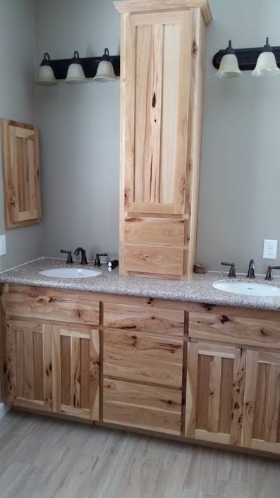 Rustic Hickory / Shaker doors / Master bathroom Hickory Bathroom Vanity Master Bath, Bathroom With Hickory Cabinets, Rustic Hickory Bathroom Vanity, Hickory Cabinets Bathroom, Hickory Bathroom Cabinets, Hickory Bathroom Vanity, Pine Bathroom Vanity, Hickory Vanity, Hickory Bathroom