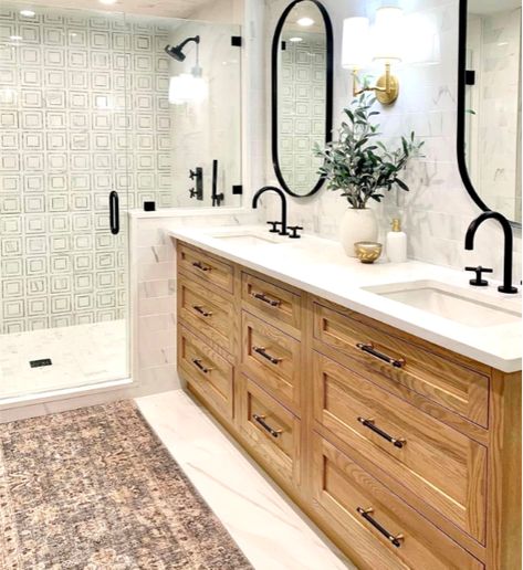 Oak Double Vanity Bathroom, Light Wood Color Bathroom Vanity, Light Stained Cabinets Bathroom, County Modern Bathroom, Wooden Bathroom Vanity Modern, Rustic Bathroom With White Cabinets, White Bathroom Oak Vanity, Bathrooms Wood Vanity, Bleach Bathroom Vanity