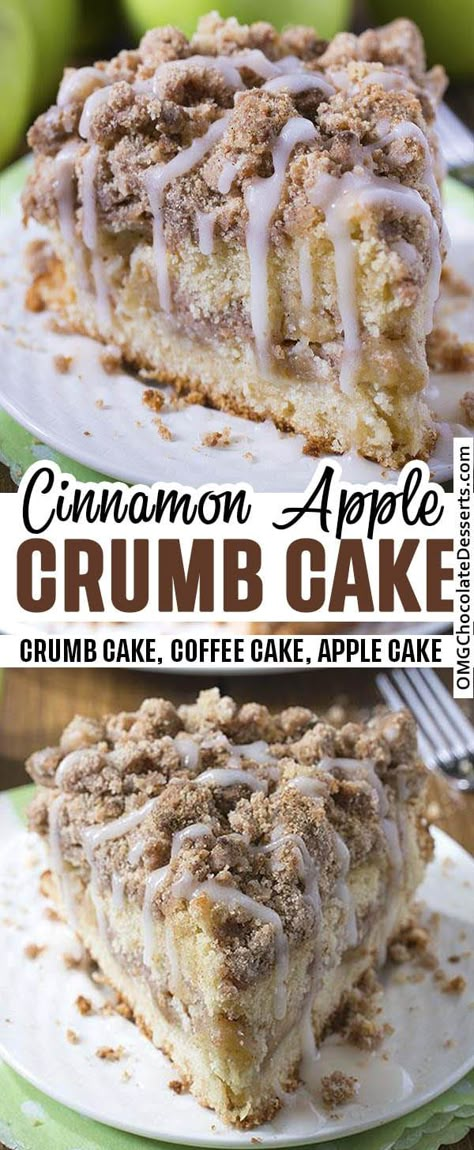 A soft apple crumb cake topped off with a crisp cinnamon streusel and drizzled with a vanilla glaze. This cake is lightly sweet & great for breakfast. September Baking Ideas, Fall Themed Breakfast Ideas, Large Group Desserts, End Of Summer Desserts, Shelf Stable Desserts, Non Cake Birthday Desserts, Fall Cake Flavors, Food For Birthday Party, Cinnamon Apple Crumble