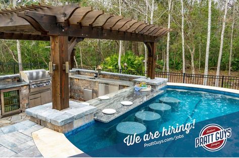 Pool With A Bar, Small Swim Up Bar Pool Backyards, Pool Layout Design Backyards, Pool With Table Inside, Pool With Swim Up Bar Backyards, Swim Up Bar Inground Pool, Inground Pool With Swim Up Bar, Dream Backyard Pool, Pools Backyard Inground