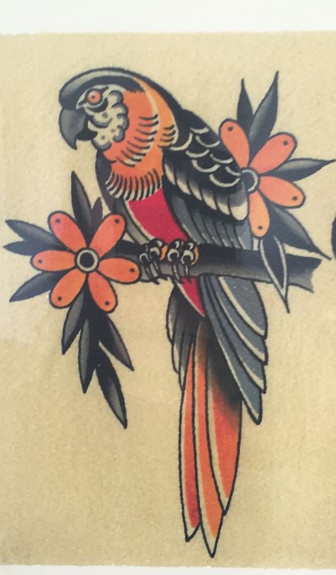 Traditional Macaw Tattoo, Old School Parrot Tattoo, Parrot Traditional Tattoo, American Traditional Birds, Traditional Tattoo Clock, American Traditional Bird Tattoo, Traditional Tattoo Design Old School, Myanmar Tattoo, Traditional Bird Tattoo