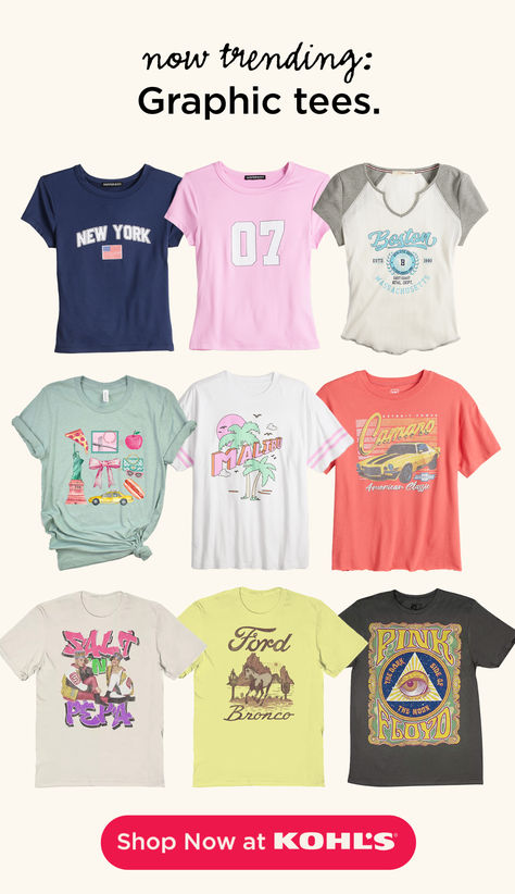 A graphic tee is a simple way to add a retro vibe to your wardrobe. Whether you dress it up with a chic jacket or simplify it with sweatpants, find graphic tees for every day of the week at Kohl's and Kohls.com. Thrifting Ideas, Fun Graphic Tees, Preppy Halloween, School Ootd, Shein Haul, Preppy Fits, Chic Jacket, Beachy Outfits, Clothing Haul