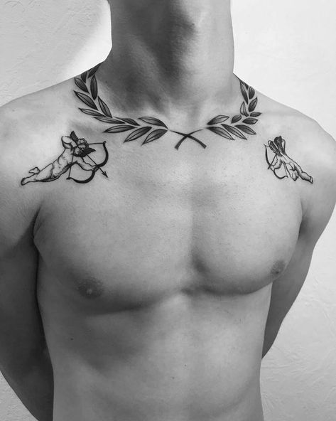 Roman Leaves Tattoo Men, Greek Filler Tattoo Ideas Gap, Greek Leaves Tattoo Neck, Roman Leaves Tattoo, Olive Branch Tattoo Mens, Collarbone Tattoo Men, Laurel Tattoo, Acab Tattoo, Laurel Wreath Tattoo