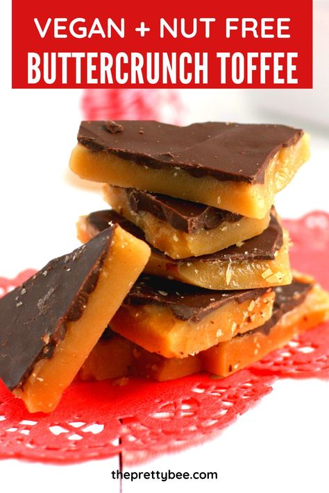 Yes, you can enjoy buttery, crispy, toffee if you are vegan! This is such a fun holiday recipe. The layer of chocolate on top is the perfect compliment. #toffee #candy #homemade #vegan Dairy Free Toffee Recipe, Homemade Toffee Candy, Dairy Free Comfort Food, Vegan Toffee, Vegan Chocolate Desserts, Buttercrunch Toffee, Homemade Chocolate Candy, Fun Holiday Food, Candy Homemade