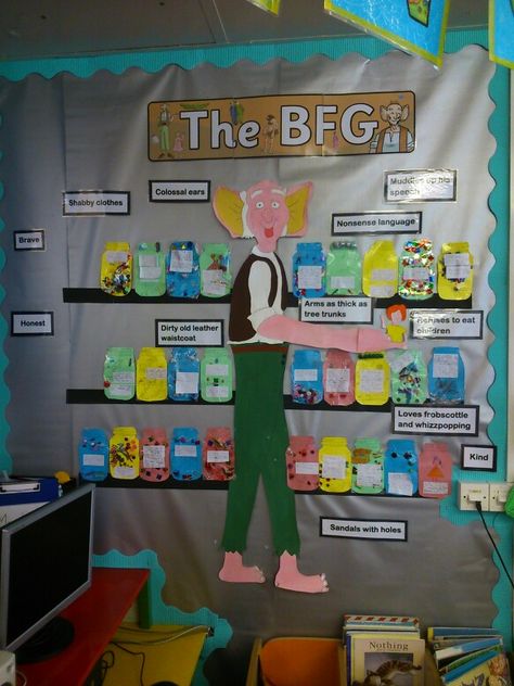 Bfg display boards                                                                                                                                                     More Bfg Classroom Display, Bfg Display, Bfg Reading Activities, Bfg Craft, Bfg Party, Bfg Book, Bfg Activities, Bfg Dream Jars, Bfg Novel Study