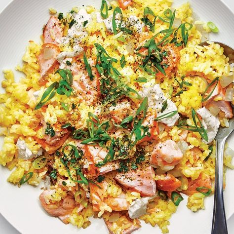 Golden Fried Rice With Salmon and Furikake Recipe | Epicurious Golden Fried Rice, Furikake Recipe, Rice With Salmon, Fried Rice With Egg, Cooking Together, Salmon Fillets, How To Cook Eggs, White Rice, Egg Yolk