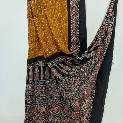 Semi gajji silk ajrakh bandhani dupatta, Bandhani Dupatta, Bandhani Dress, Bandhani Saree, Saree, Silk