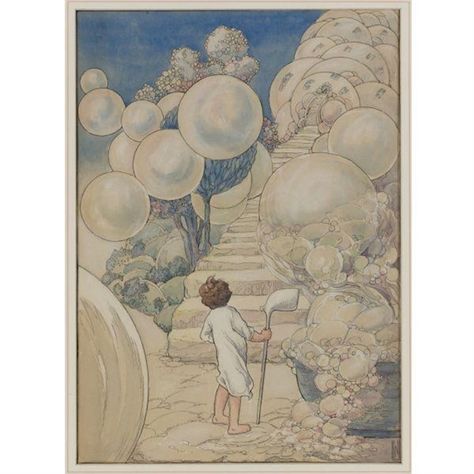 Artwork by Nelly Littlehale Umbstaetter, Steps to Bubble Castle - Snap Shots in Dreamland, Made of ink and watercolour Fairy Illustration, Vintage Fairy, Vintage Fairies, Soap Bubbles, Illustration Vintage, Art Et Illustration, Art And Illustration, Vintage Children's Books, Watercolor Drawing