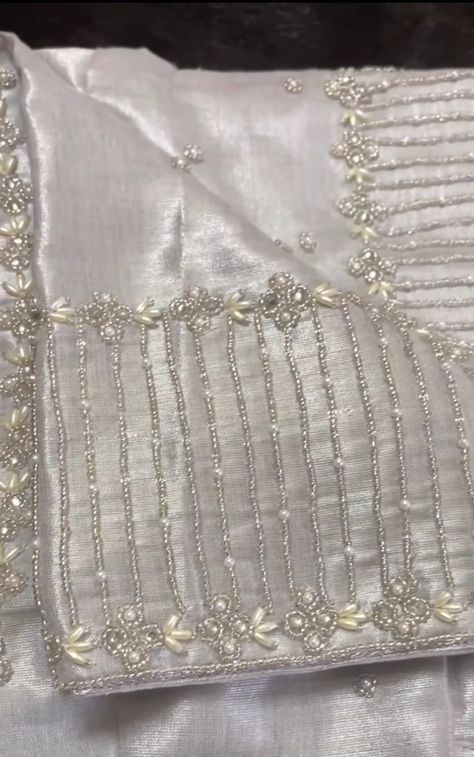 Aari Work On White Blouse, White Blouse With Silver Work, Grey Blouse Aari Work, White Stone Aari Work Blouse, White Stone Work Blouse Designs, Aari Silver Work Blouse, Simple Silver Maggam Work Blouses, White Blouse Designs For Saree Hand Work, Silver Beads Work On Blouse