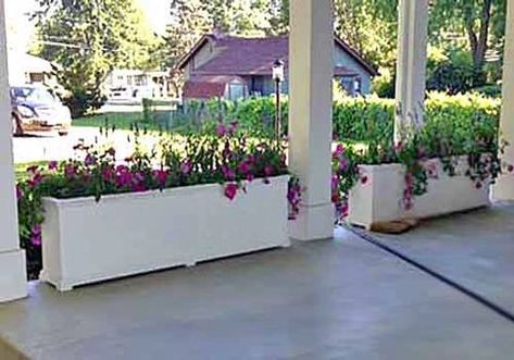 Long Planter Boxes Front Of House, Flower Box Arrangements, Long Planter Boxes, White Planter Boxes, Rooftop Planters, Wood Balcony, Window Box Ideas, Backyard Plans, Winter Window Boxes