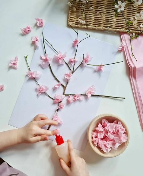 Gina | Mum & Toddler Blog on Instagram: "Cherry blossom 🌸 tree sticking activity... Who's ready for spring? I know I am. This is one of my easy and favourite activities to get us in the mood for spring and everything it brings, can't wait to see some cherry blossom! We used a twig as a tree, then I scrunched up some pieces of tissue paper for Lake to stick as she pleases... Don't forget to hit save to save for later or tag a friend who would like this... Follow @whirlybobble for more kids/ Toddler Spring Activities, Tissue Paper Trees, Tissue Paper Craft, Tissue Paper Art, Spring Toddler, Tissue Paper Crafts, Spring Preschool, Cherry Blossom Art, Diy Toddler