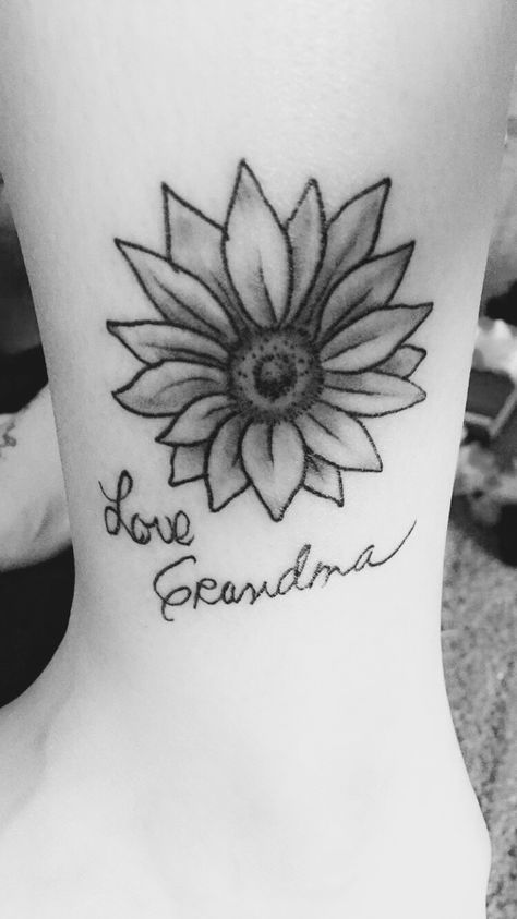 Flower Handwriting Tattoo, Sunflower Memorial Tattoo Grandma, Handwriting Tattoo Grandma, Sunflower Memorial Tattoo, Grandma Tattoos, Handwriting Tattoos, Love Yourself Tattoo, Small Sunflower, Cute Tiny Tattoos