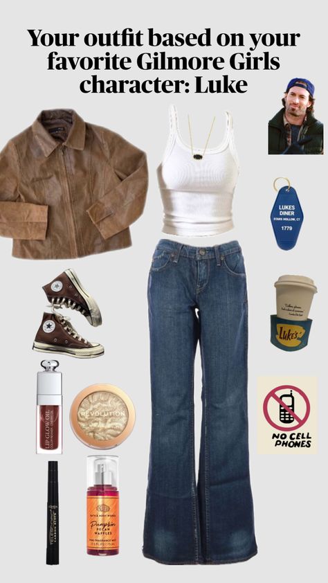 #luke #gilmoregirls #lukedanes #falloutfit #gilmoregirlsoutfit #autumnoutfit #autumnaesthetic #lukesdiner Gilmore Girls Characters, Gilmore Girls Outfits, Lukes Diner, Luke Danes, Luke Luke, Character Inspired Outfits, Khaki Jeans, Layered T Shirt, Lip Glow