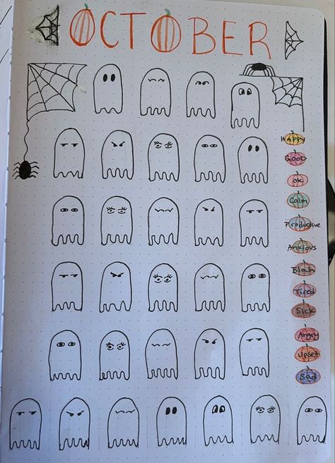 Mood Tracker For October, September Bujo Mood Tracker, September Bullet Journal Mood Tracker, Pumpkin Mood Tracker, Ghost Bullet Journal, October White Board Ideas, October Bullet Journal Mood Tracker, Fall Mood Tracker, Halloween Mood Tracker