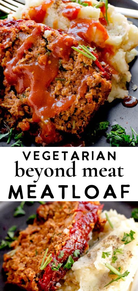 This is the best vegan meatloaf recipe using Beyond Meat! This easy, meatless loaf recipe uses Beyond Meat (or you could substitute Impossible Meat) and Gardein crumbles (or tvp) for the bulk of the loaf. This vegetarian and plant based meatloaf is topped with a tangy homemade BBQ sauce that adds an incredible amount of flavor to each bite. This would be a great Thanksgiving or Christmas main dish. #veganmeatloaf #meatloaf #veganrecipe #vegandinner Vegetarian Loaf, Veggie Meatloaf, Veggie Loaf, Meatless Meatloaf, Vegetarian Meatloaf, Vegan Meatloaf, Protein Vegetarian, Favorite Dinner, Meatless Main Dishes