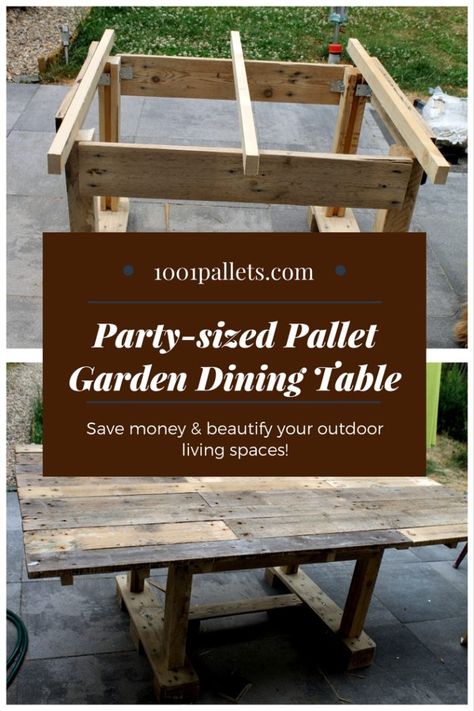 I made this Large Pallet Garden Table for years of outdoor fun from two pallets. I incorporated a lot of the distinctive pallet features, particularly in the feet of the table. This Large Pallet Garden Table would be great for outdoor parties, family gatherings, and... #Kitchen, #Outdoors, #PalletTable, #PartyDecor, #RecyclingWoodPallets Table From Pallets Outdoor, Garden Pallet Table, Diy Pallet Patio Table, Pallet Table Indoor, Wooden Pallet Table Outdoor, Pallet Kitchen Island, Palette Table, Table Palette, Pallet Dining Table