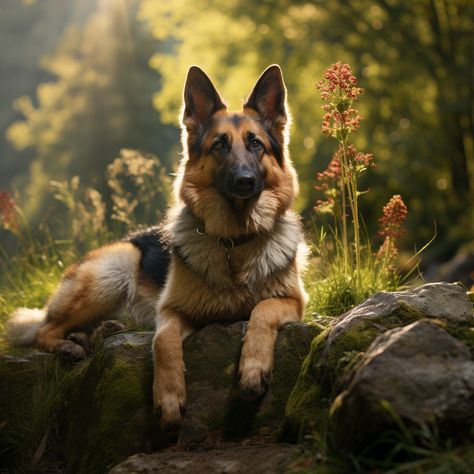 a photography of a German Shepherd dog in a nature background, leaves, herbs, and flowers. German Shepherd Pictures Beautiful Dogs, German Shepherd Dogs Photography, Dog Reference Poses, Dog Poses Reference, Dog Landscape, German Shepherd Photography, Animals Reference, Long Haired German Shepherd, Dog Foto