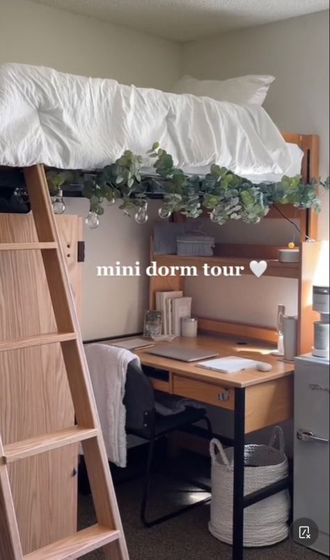 Dorm Room Ideas Under Bed, Single Occupancy Dorm Room Ideas, College Dorm Room Ideas Desk Under Bed, College Triple Dorm Room Ideas, Dorm Aethstetic, Three Person Dorm Room, Lofted Bed Dorm Room Ideas Aesthetic, Dorm Room Ideas Desk Under Bed, Dorm Room Inspiration Minimalist