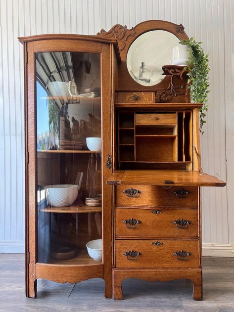 SOLD Antique Solid Wood Oak Side by Side Cabinet Entryway Piece Curio Desk Dresser With Mirror Country Cottage Modern Farmhouse Shabby Chic - Etsy Antique Furniture Modern Home, Side By Side Secretary Desk, Antique Entryway, Antique Corner Cabinet, Cabinet Entryway, Thrifted Furniture, Antique Secretary Desks, Cottage Modern, Vintage Cabinet