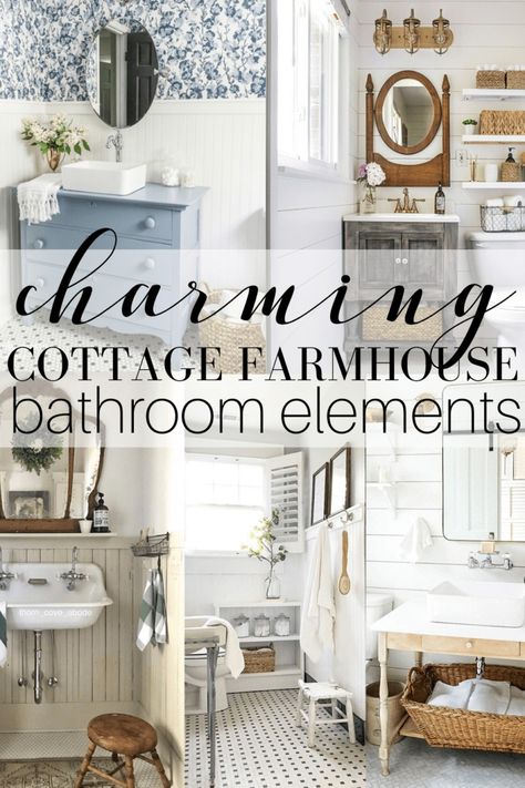 Charming Cottage Farmhouse Bathroom Elements - Pine and Prospect Home Farmhouse Bath Decor Ideas, Farmhouse Master Bath Ideas Shiplap, Small Modern Country Bathroom, 20 Modern Farmhouse And Cottage Bathroom Tile Ideas, White Cottage Bathroom Ideas, Cozy Cottage Bathroom Aesthetic, Country Cottage Bathroom Ideas Farmhouse, Cottage Bathroom Shelves, Farm Cottage Bathroom