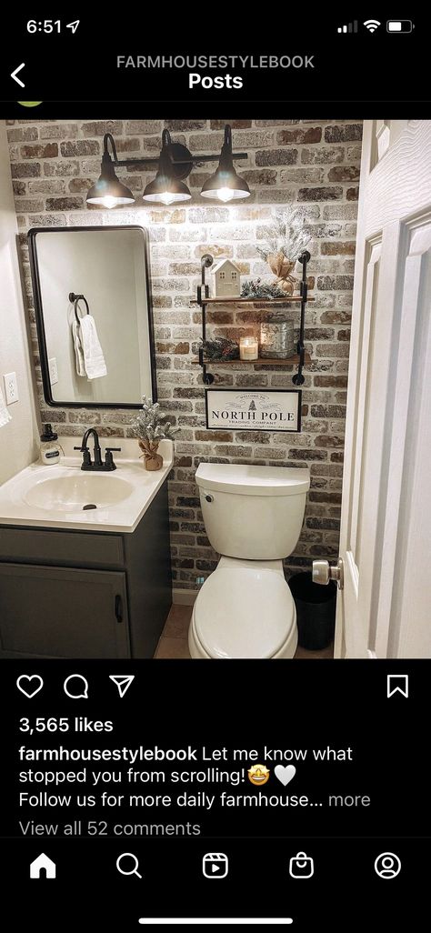 Brick In Bathroom, Half Bath Remodel, Hearth And Hand With Magnolia, Brick Accent Wall, Rustic Farmhouse Bathroom, Farm House Livingroom, Bathroom Accent Wall, House Bathrooms, Bathroom Transformation