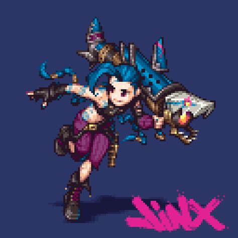 Arcane Pixel Art, Pixelart Anime, Pixel Sprites, Wild Rift, Arcane Jinx, Piskel Art, Cool Pixel Art, Pixel Art Characters, Pixel Art Games