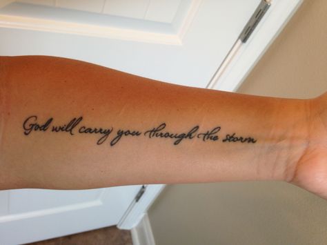 Tattoos Ideas For Moms, God Related Tattoos Women, God Quote Tattoo, Side Arm Tattoos For Women Quotes Bible, Original Tattoos Unique Women, Womens Strength Tattoo Ideas, God Tattoos For Women Forearm, Thigh Tats For Women Words, Tattoo Ideas Female Meaningful Quotes Arm