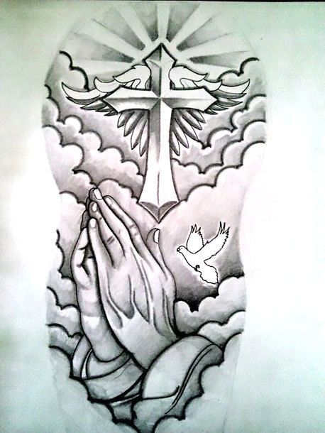 Praying hands and cross with wings sleeve design. Style: Chicano. Color: Gray. Tags: Cool, Nice Fernweh Tattoo, Religious Tattoo Sleeves, Tattoo Crane, Praying Hands Tattoo Design, Tato Salib, Praying Hands Tattoo, Half Sleeve Tattoos Drawings, Angel Demon, Demon Tattoo